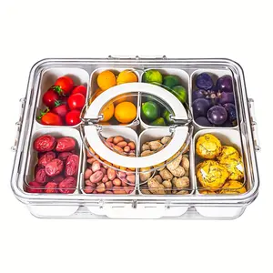 8-bin and 4-bin compartmentalized trays with handles - featuring lids and detachable snack boxes, fruit containers, food storage solutions, snack and lunch organizers, refrigerator plates, salad platters, perfect for travel, candy, and parties