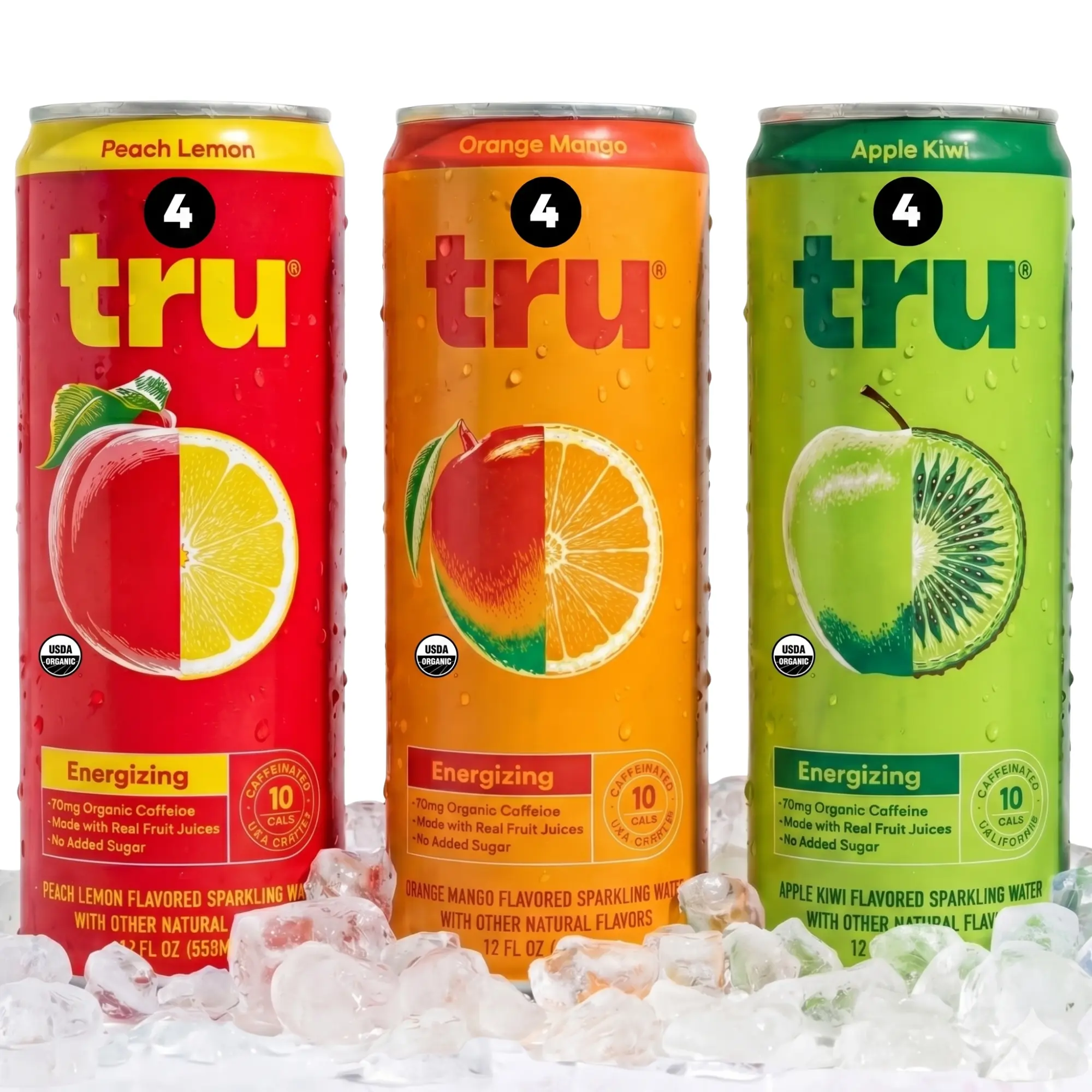 Tru Organic Energy Drink, Caffeinated Sparkling Water with Real Fruit Juice, Flavored Seltzer, Natural Caffeine, No Added Sugar, Keto, Vegan, Kosher, Gluten Free, 12 Fl Oz (Pack of 12)