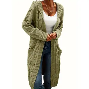 Elegant Plus Size Hooded Knit Cardigan, Long Sleeve Button Pocket Sweater Coat, Casual Plain Color Women's Fashion Outerwear Knitted Pullover Winter
