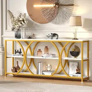 【SPOTLIGHT DAY】ONBRILL 70.8 inch Extra Long Entryway Table,Narrow Sofa Table Behind Couch with 3 Tier Storage Shelves for Hallway, Living Room,Console Table with Gold Frame & Faux Marble Tabletop