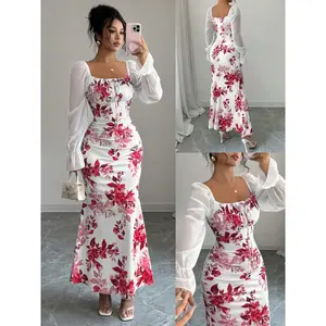 New women’s square-neck tie chiffon bubble-sleeve dress, long elegant slim-fit dress for casual parties in spring, summer, and autumn GARMENTARY