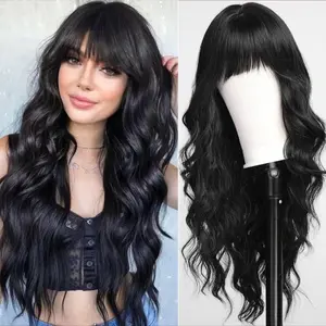 Black Wavy Synthetic Hair Wig with Bangs - 30 Inches Long for Daily Use or Party