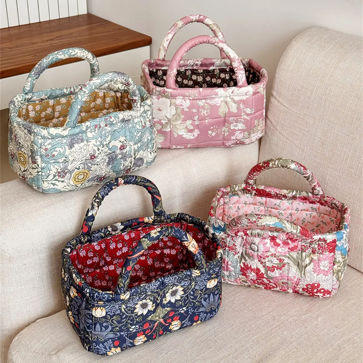 Vintage Floral Quilted Storage Basket - Large Capacity, Double Handle, French Country, Reversible Tone, Travel Ready Cosmetic Bag, Portable Handheld Organizer for Vanity Dorm, Floral Print