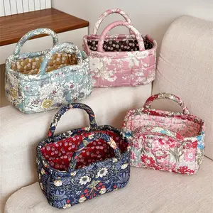 Vintage Floral Quilted Storage Basket Large Capacity Handheld Cosmetic Organizer Bag Double-Sided Floral Print Portable Toiletry Storage Tote for Travel Vanity Dorm