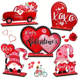 Wooden Valentine's Day Decoration, 5 Counts/set Romantic Car & Heart & Gnome Design Desktop Ornament, Decorative Plaque for Home Office Desktop