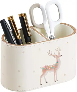 Christmas Pen Holder for Desk, PU Leather Pencil Holder for Desk with 2 Compartments for Home Office Supplies, Christmas Decorations Pencil Cup Desk Organizer