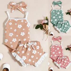 Infant Baby Girls' Summer Floral 3-Piece Set Waffle Knit Bodysuit, Ruffle Hem Shorts & Bow Headband for Cute Casual Wear 22501005 Romper Newborn Gift Set Essentials Set Outfit Essentials Set Outfit