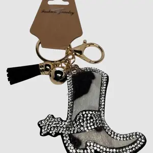 Cowhide and Rhinestone Boot Keychain with Gold Hardware and Tassel Fashion Accessory for Purse and Jeans