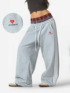 LA Heart Graphic Gray Wide-Leg Joggers | Plaid Waistband Striped Pants – City Aesthetic! Comfy Fleece Fabric, Retro Sporty Fit Perfect for #OOTD, #StreetwearVibes, #Y2KRevival. Stylish for Brunch, Hangouts or Casual Days – Bold LA-Th Wide Sweatpants