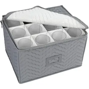 Deluxe Quilted Stemware Storage Container with Dividers for 12 Wine Glasses, Champagne Flutes, Durable Glassware Drinkware Storage Box Chest, Gray, 15.5"x12.5"x 10"