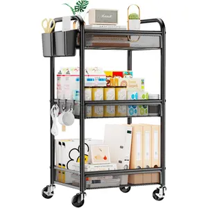 Three-tier rolling cart – wheeled metal multifunctional storage cart, craft cart storage rack, equipped with cup holder, hooks, and mesh basket, suitable for bedside, kitchen, office, and art supplies storage, black