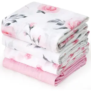 4 Pack  Muslin Swaddle Blankets,  Cotton and Ultra Soft Breathable Receiving Blanket Wrap for Boys Girls,  Born Essentials, Large 47 x 47 inches, Pink Floral