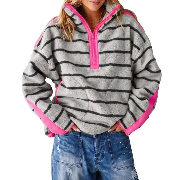 Fisoew Women's Retro Teddy Fleece Sweatshirt, Light Baggy Half-Zip Oversized Collar, Long Sleeve, Contrast Color-Block Cuff, Kangaroo Pocket, Comfortable Casual Pullover Top (Womenswear Fashion Clothes for Women, Street Style), Colorful