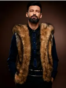 Men's Luxury Faux Fur Hooded Vest Fox Hair Style Thick Warm Backless Top European & American Fashion Autumn Winter Outerwear