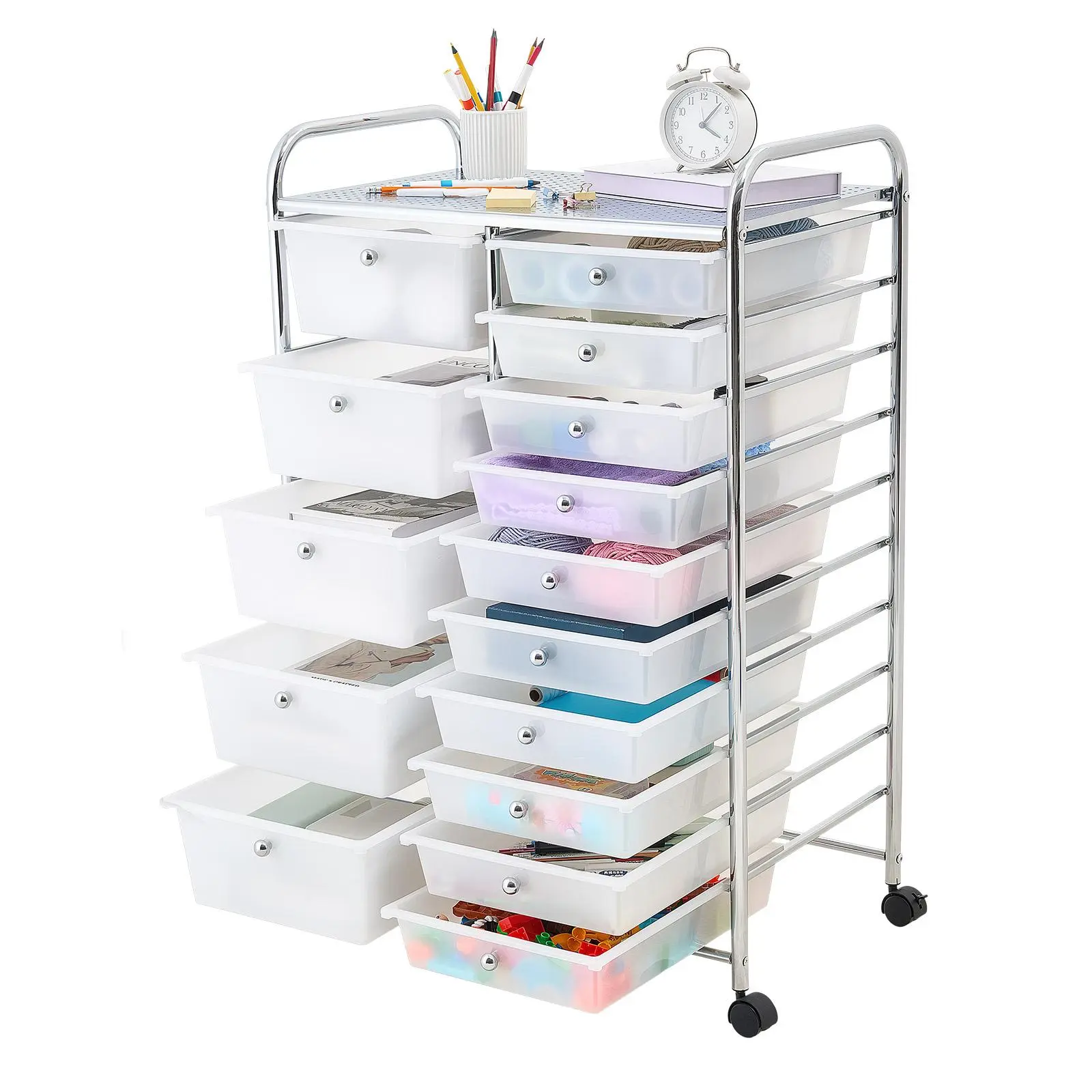 VEVOR Rolling Storage Cart with 15 Double-Row Drawers, Chrome Steel Frame, Universal Casters with 2 Brakes, Racks for Storage, Mobile Utility Organizer for Office, Craft Room, Garage