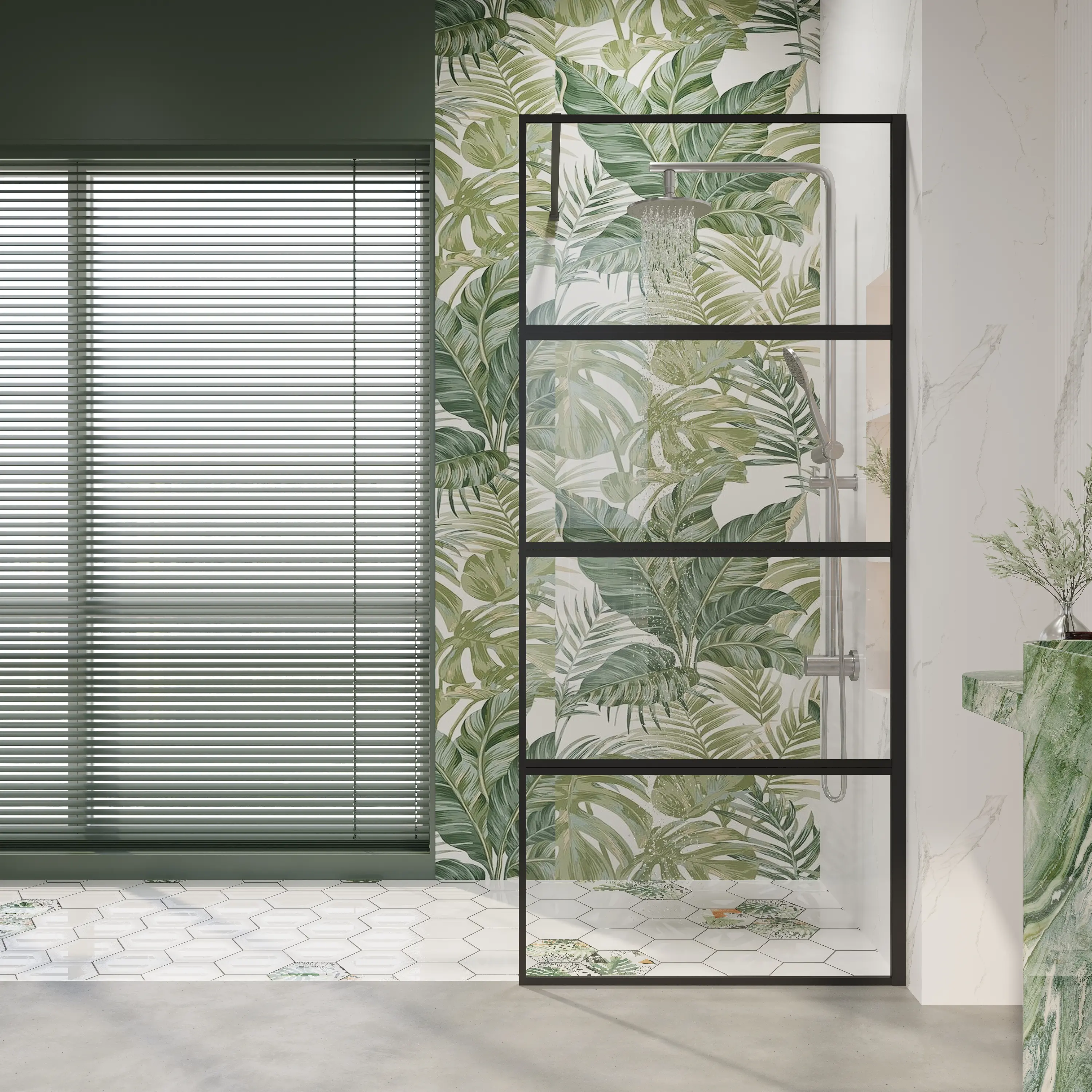 BUILDEPO 36" W × 76" H Aluminium Framed Fixed Shower Screen, Bathroom Walk-in 5/16" (8mm) Tempered Nano-Coated Glass Panel, 4-Piece Split Design with Easy-Install Adjustable Support Bar, Matte Black 25D07-36MBX, Reduces Water Spots & Soap Residue