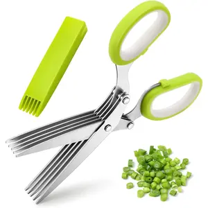 Herb Scissors,  Multipurpose 5 Blade Kitchen Herb Shears Herb Cutter with Safety Cover and Cleaning Comb for Chopping Basil Chive Parsley (Green)