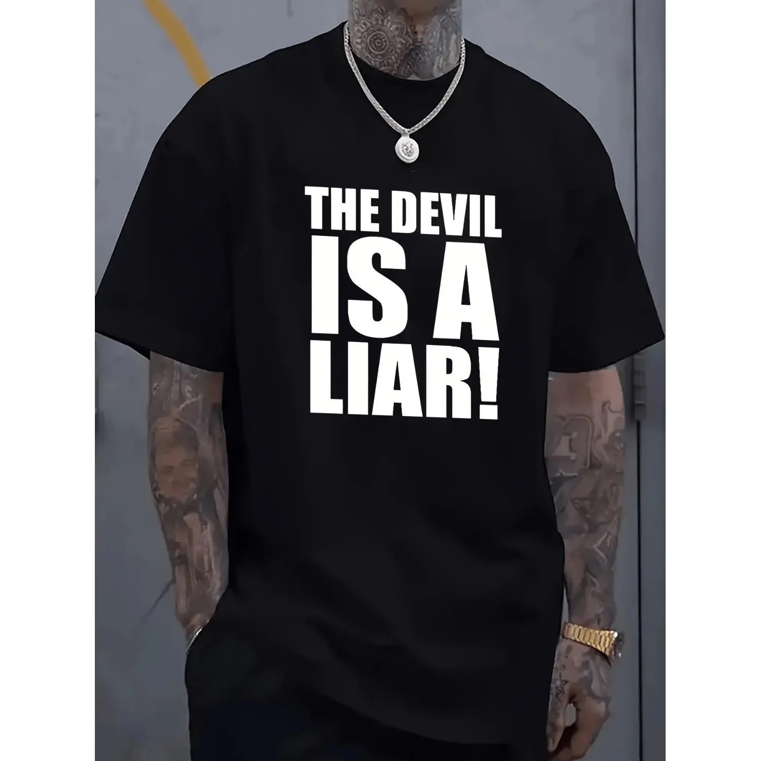 Mens Christian Devil Is A Liar T Shirt Bold Faith Statement Tee with Bold White Print Soft Breathable Cotton Church Apparel Suitable for Casual Attire Religious Gift for Believers Christmas Gift Clothing Plus Size