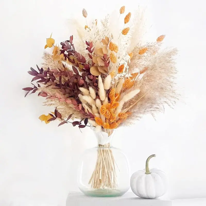 Orange Pampas Grass Dried Flower Bouquet (95 Pcs, 17") - Fluffy Boho Fall Decorations for Home, Autumn Floral Table Centerpiece for Thanksgiving & Room Decor