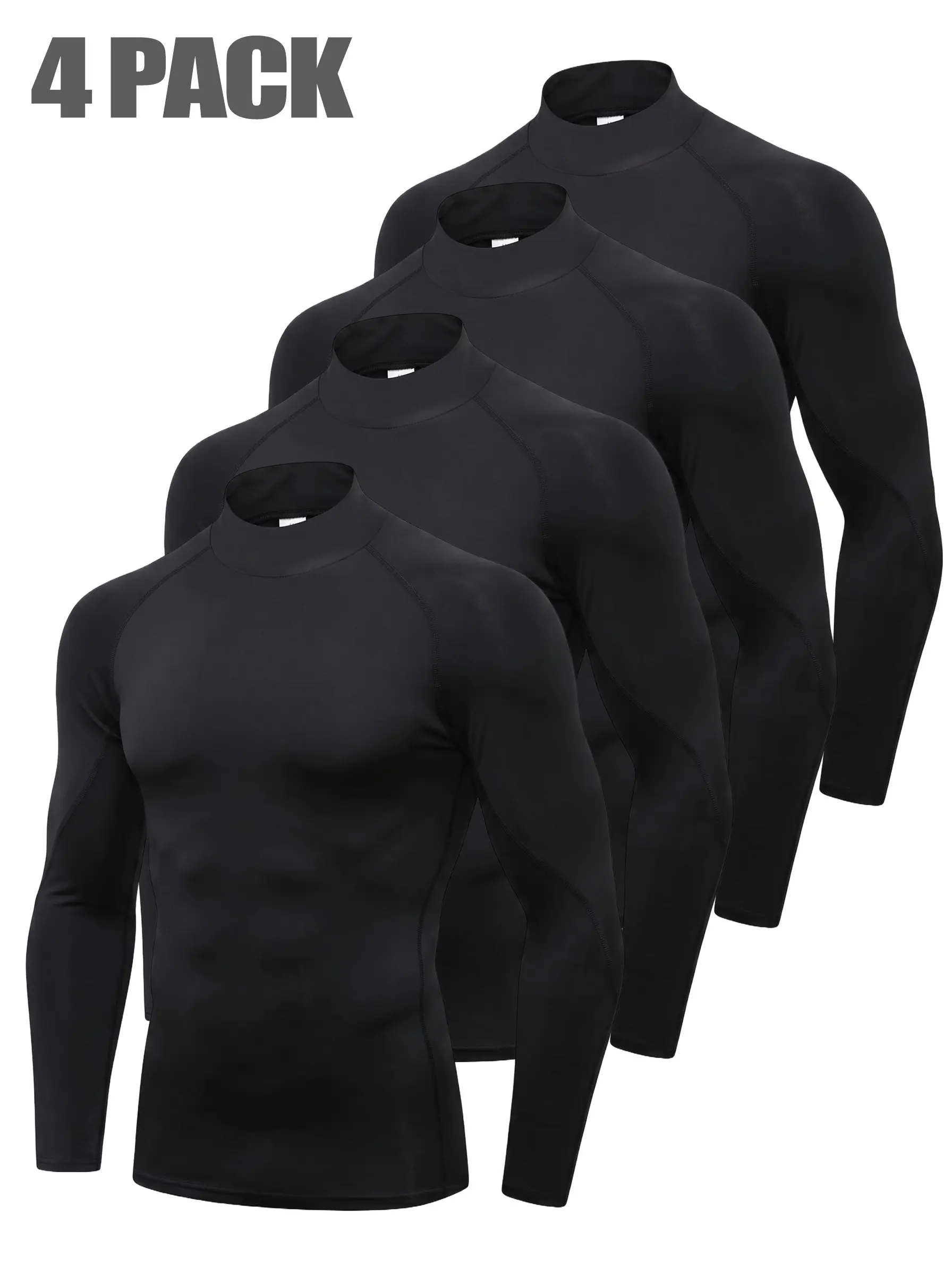 4 Pack Compression Tops for Men Long Sleeve Mens Running Top Quick Dry Turtleneck Base Layer Top for Gym Sports Fitness Workout Cycling Footbal