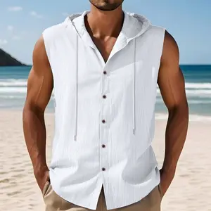 Summer Men's Loose Casual Linen Hooded Vest Sleeveless Trendy Hip-hop Shirt