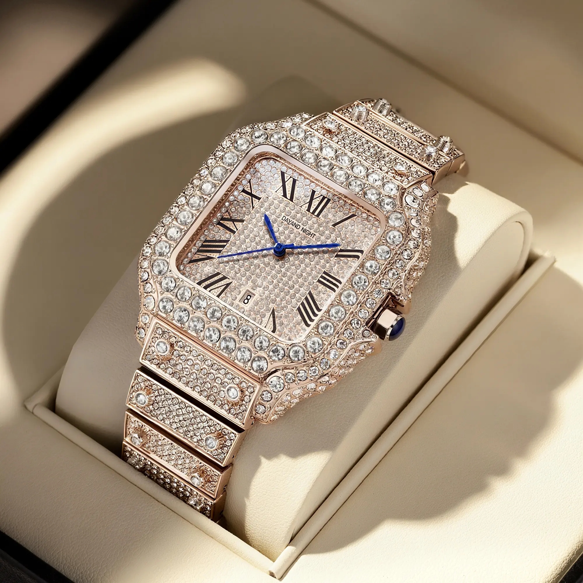 Iced Out Moissanite Watch, Roman Numeral Chic Dress Accessory for Men & Women, Waterproof, Adjustable Band, Couple-Ready Gift, Men's Accessories, Classic Analog Watch, Exquisite Watch