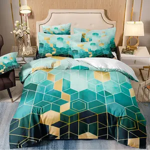 Three piece down duvet cover, blue, green, and gold, geometric style, breathable bedding set, machine washable, zippered, suitable for home decoration in bedrooms and guest rooms (1 * down duvet cover 2 * pillowcase, without duvet core)