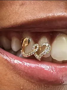Punk Copper Double Heart Teeth Caps for Women Men Hip Hop Zircon Hollow Love Tooth Grillz Couple Jewelry Accessories Tooth Gems