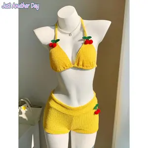 Women's Vacation Cherry Decor Halter Neck Top & Shorts Set, Swimsuits, Suitable For Vacation Wear, Crochet, Cute, Kawaii