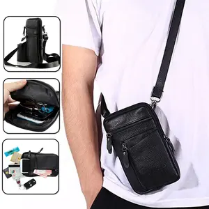 Black Men's Phone Shoulder Bag Leather Crossbody Bag Small Wallet Messenger Handbag Zipper Satchel Casual Bag For running, training, jogging, hiking, traveling, cycling, or give as a gift