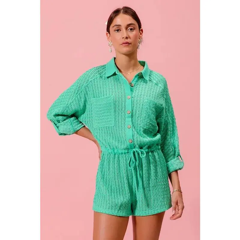 Fresh Mint Textured Knit Button Romper