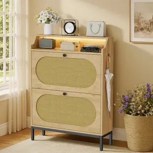 IRONCK Rattan Shoe Cabinet with Flip Drawers and RGB Lights, Freestanding Shoe Storage Cabinet for Entryway Hallway, Natural