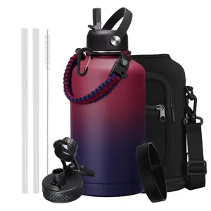 1 Gallon Vacuum Water Bottle with Sleeve, Paracord Handle, Straw & Spout Lid, 32/40/64/128oz Stainless Steel Insulated Water Jug, Cold-48h & Hot-24h Triple-Wall Metal Vacuum Flasks for Sports Hiking Camping