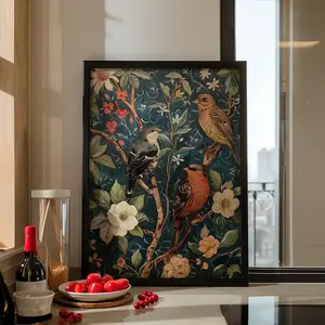 Vintage Bird Lover Gift for Her in Cottagecore Dark Academia, Mid Century Botanical, Robin & Sparrow Wall Art Print Or Poster, Room Decor, Unframed