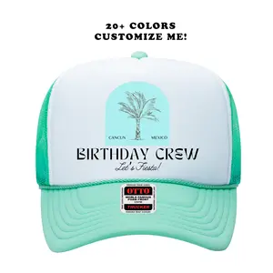 Custom BIRTHDAY Party Trucker Hat Personalized Palm Tree Chic Design Unisex Coastal Trucker Party Hats Bday Hats Fun Camping Party Accessories Matching Group Hats Comfortable Durable Mesh Back Adjustable Snapback