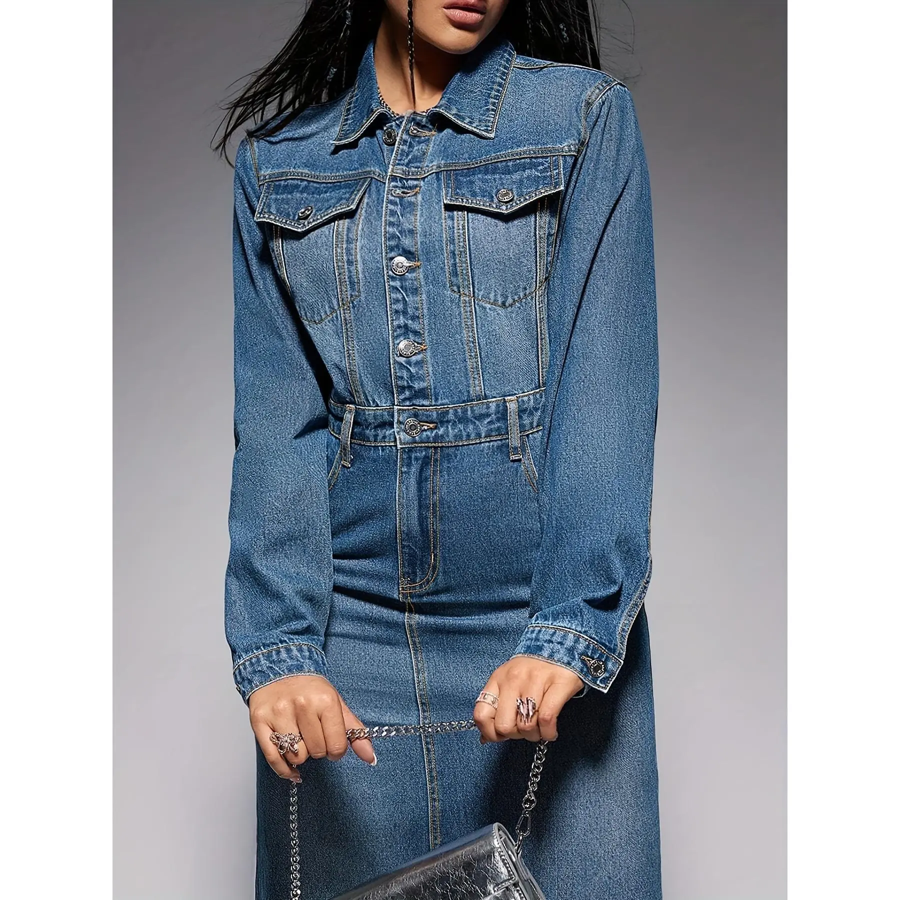 Elegant Long Sleeve Denim Midi Dress for Women - Chic Single-Breasted  Design with Flap Pockets, Stretchy Rayon & Polyester Blend, Machine  Washable - Perfect for Fall/Winter - TikTok Shop