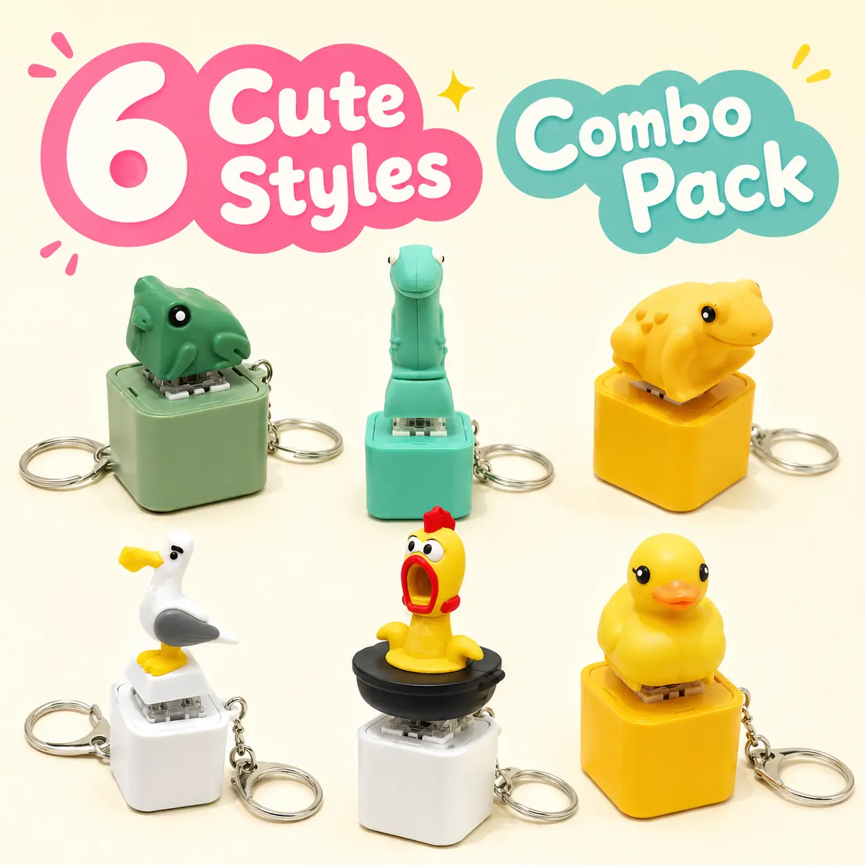 6 PCS Cute Pop-Up Sound Keychain Set, Press & Pop Fidget Bag Charms with Coqui Frog Sound & Funny “MINE!” Sound, Pocket Size Desk Buddies