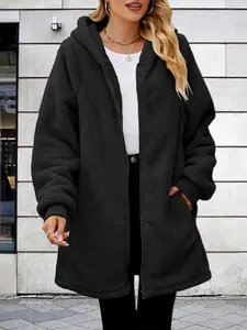 [Plus Size] Solid Pocket Zip Up Hooded Coat, Casual Long Sleeve Plush Coat Outerwear for Fall & Winter, Women's Clothes Womenswear for Daily Wear