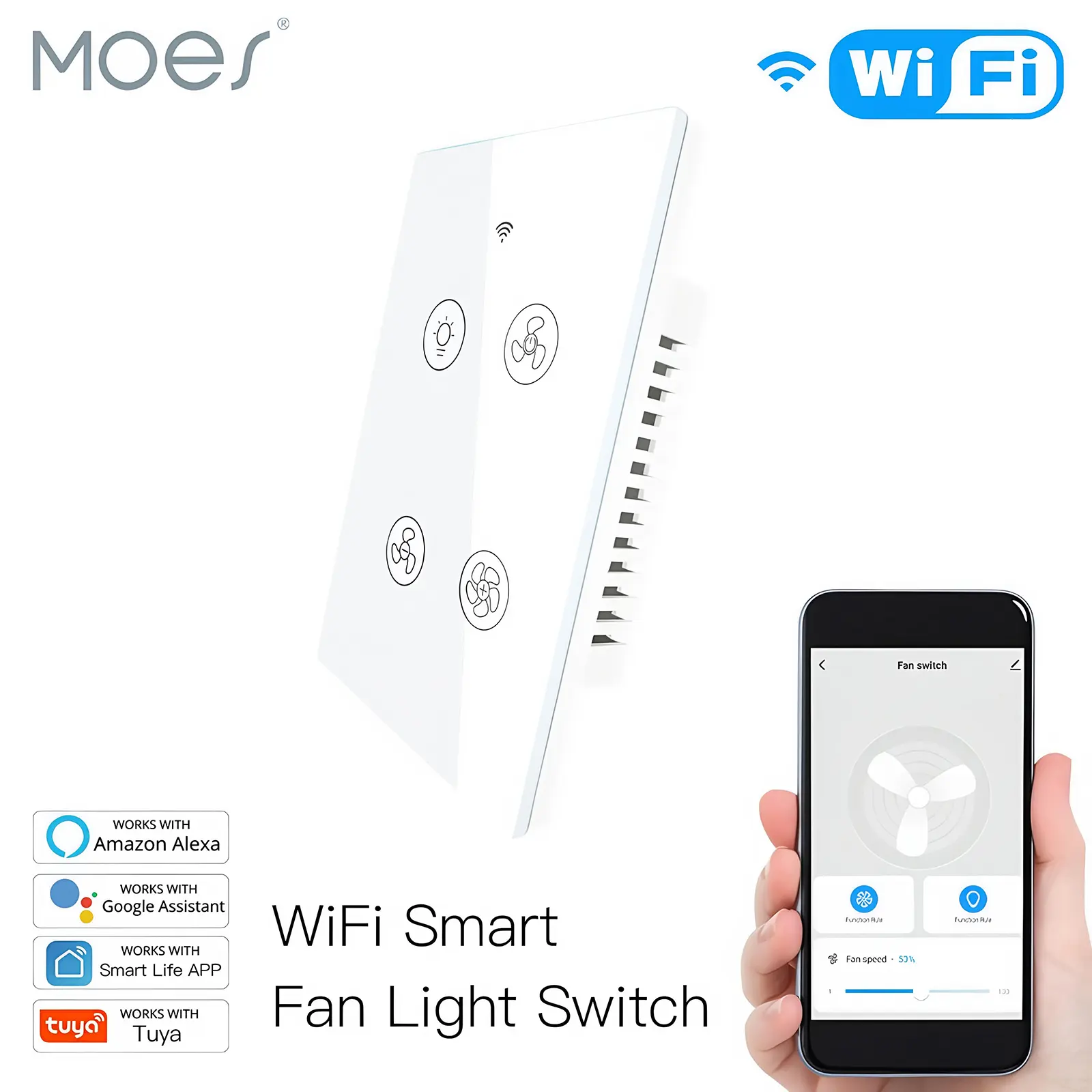 MOES WiFi Smart Fan Light Switch with RF433 Remote Control, Independent Touch Control Buttons for Lights and Fans, Wi-Fi Direct — No Hub Needed, Voice Control with Alexa & Google Assistant.