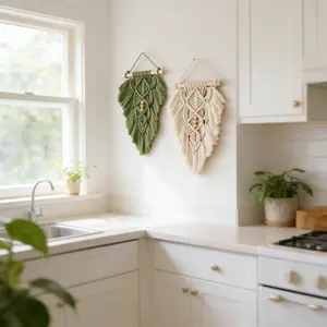 Macrame Wall Hanging Handmade Boho Style, Ivory Leaf Feather Background Decor, Small Tapestry for Home Decoration Wall Art Decor