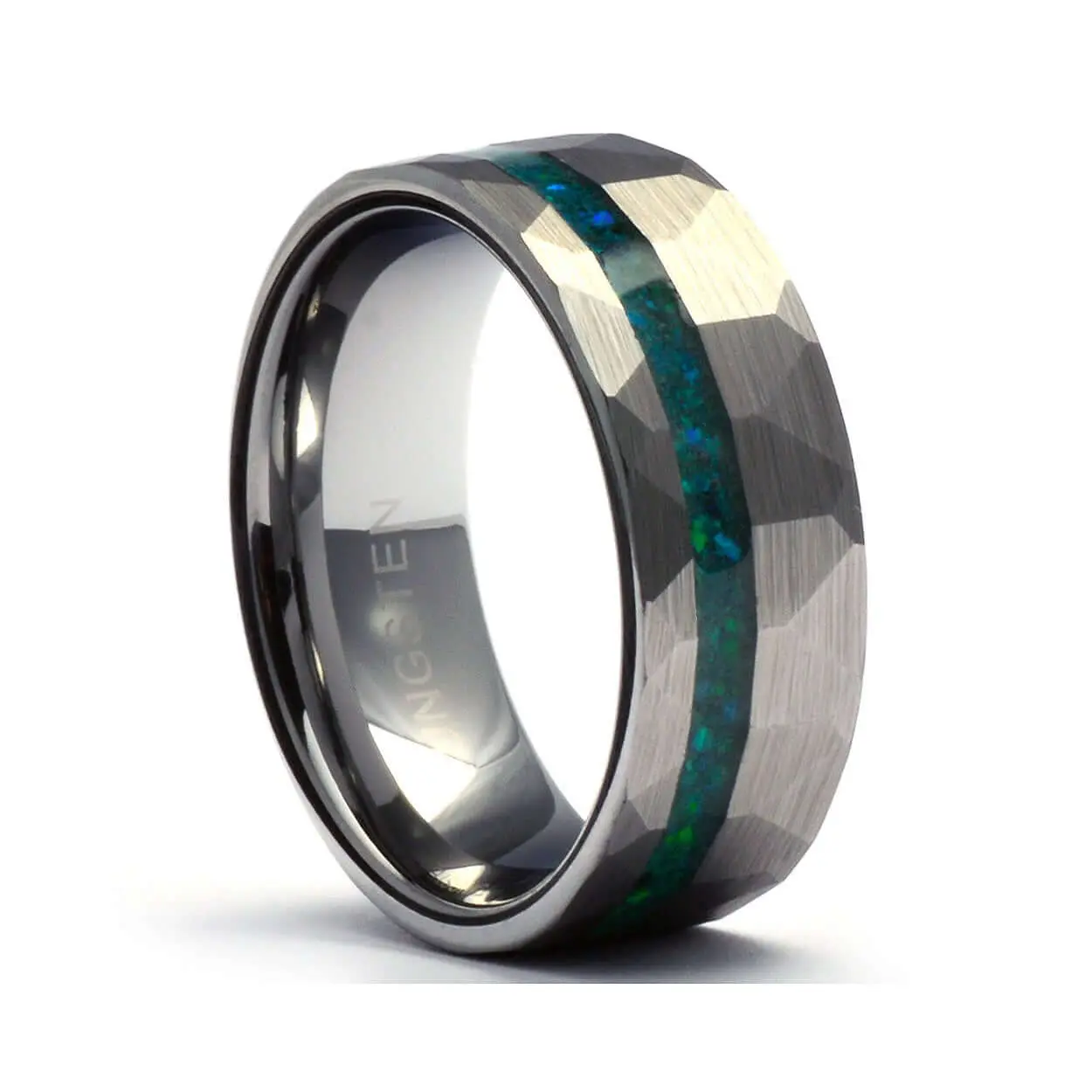 Hammered Tungsten Ring, Rugged Male Fashion Jewelry with a Brushed Finish, Comfort Fit and Green Accent Inlay, Tungsten Rings, 8Mm, Emerald Accent, 6Mm, Bold, Black Tungsten