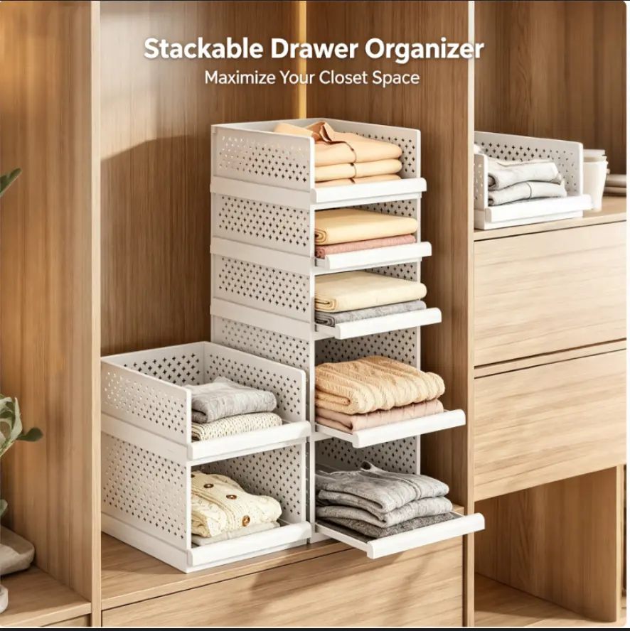 Large Size Stackable Plastic Closet Drawer Organizer Bins - 4/8/12pcs Pull-out Storage Baskets, 13.4*17.7*9.8in Large Capacity Breathable Modular Home Organizers for Clothes, Bedding, Closet Shelves campingessentials