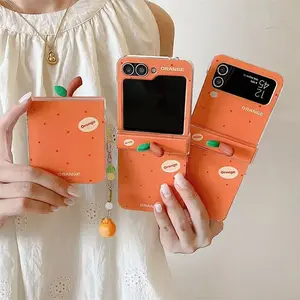 Korean Cute Orange Polka Dot Phone Case For Samsung Galaxy Z Flip 7 6 5 4 3 Cover with Charm Hinge Cases Flip6 Flip7 Hard Funda
