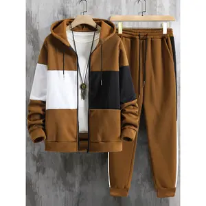 Men's clothing, two-piece contrasting long sleeved zipper hooded jacket and drawstring pants, suitable for outdoor wear