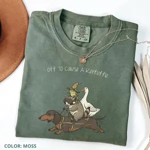 Comfort Colors Off To Cause A Kerfuffle T-Shirt, Funny Dachshund, Frog Meme, Raccoon Tee, Silly Goose, Short Sleeve Unisex T-Shirt