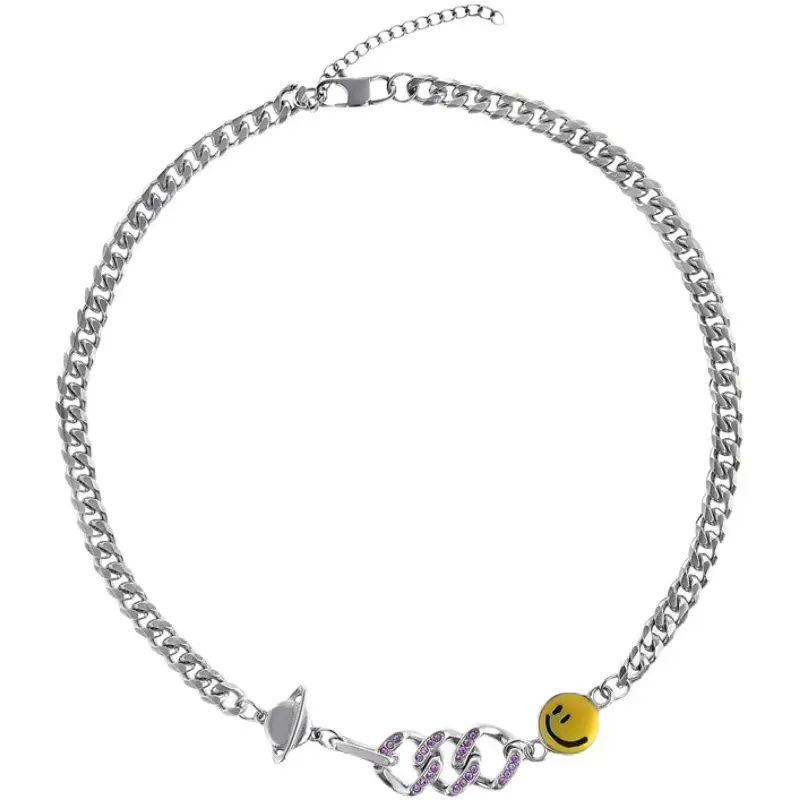 Cuban  Spliced Smiley Face Necklace Hip-Hop Style Men's Collarbone  Accessory colorful male men pendant chain breathing vintage charm hypoallergenic clavicle dainty anxiety twist rope monogram prayer fashion memory silver cross twisted crown hiphop heart