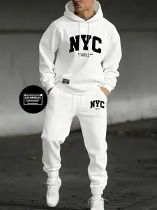 Men's Letter Print Hoodie Set, Kangaroo Pocket Drawstring Hooded Sweatshirt + Waistdrawstring Sport Pants 2 Piece Set, Fall & Winter Casual Fashion, Streetwear Tracksuit Set, Sweatsuit Set, Loose Casual Athleisure