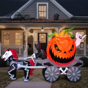 8 Feet Long Halloween Inflatable Carriage with Built-in LED Lights, Grim Reaper Driving Pumpkin Suitable for Outdoor Decoration, Courtyard Garden Lawn Party Decoration Remote Control Glowing Ghost Decor Glow-In-The-Dark Candy Bag Haunted House Castle home