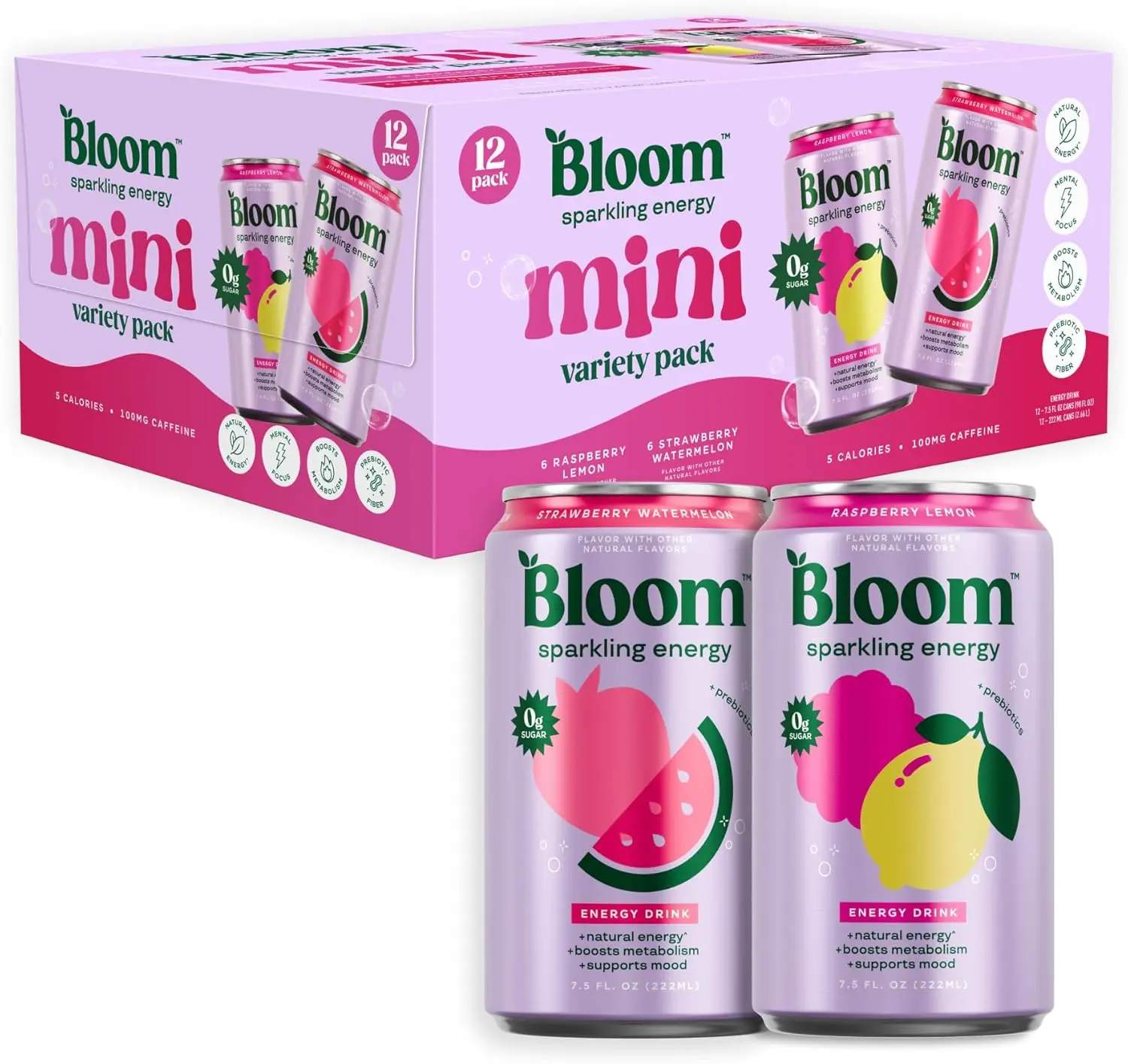 Bloom Nutrition Sparkling Energy Drink Minis, Raspberry Lemon & Strawberry Watermelon Flavors, 7.5 fl oz Cans, 12 Pack