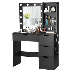 Vanity Desk with Mirror & Power Outlet, 3 Lighting Colors Vanity Desk with 4 Drawers & 12 Bulbs, Modern Dressing Table for Bedroom (Black), girl
